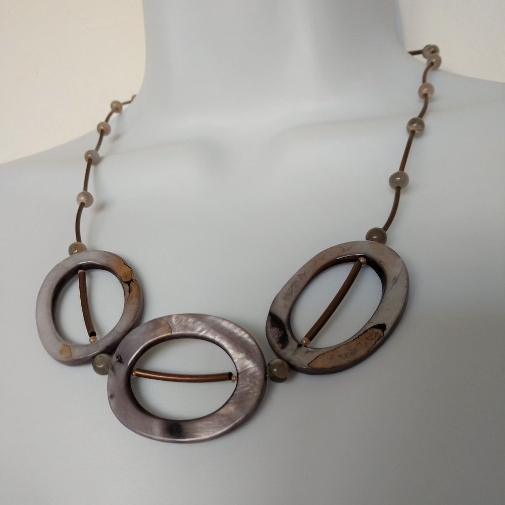 Handmade Gray And Brown Statement Necklace With Shells Agate Copper Plated Tubes